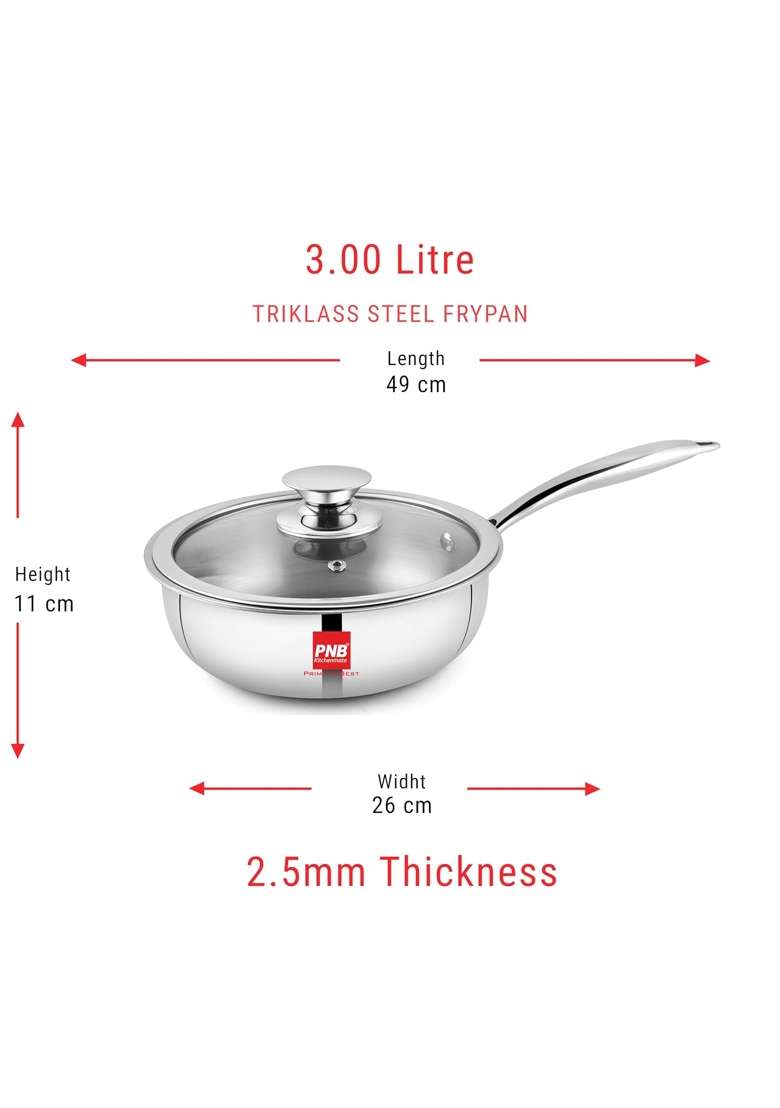 PNB Triply Stainless Steel Frypan with Tempered Glass Lid | 3 L | 3.2 Qt | 26 cm | 10.2 Inch | Induction Compatible | PFOA Free - Indya