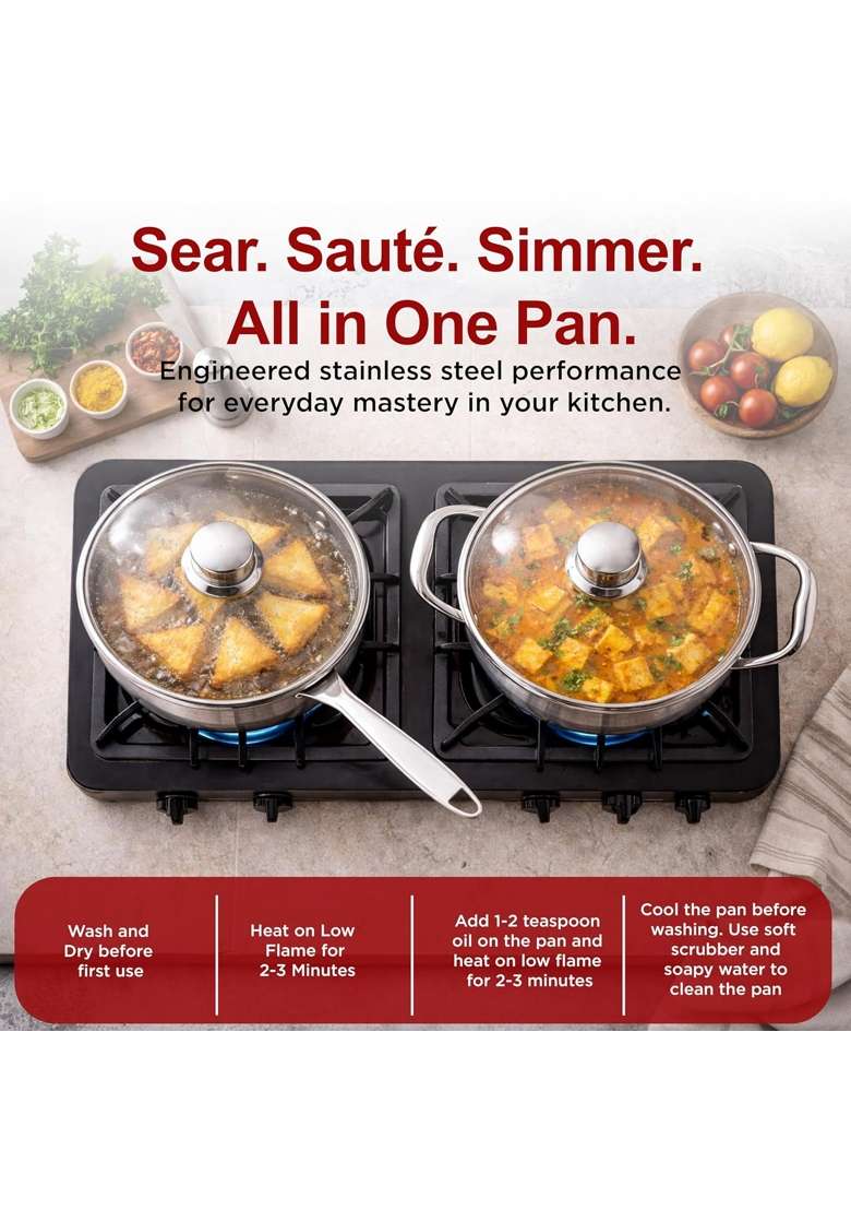 PNB Triply Stainless Steel Frypan with Tempered Glass Lid | 3 L | 3.2 Qt | 26 cm | 10.2 Inch | Induction Compatible | PFOA Free - Indya