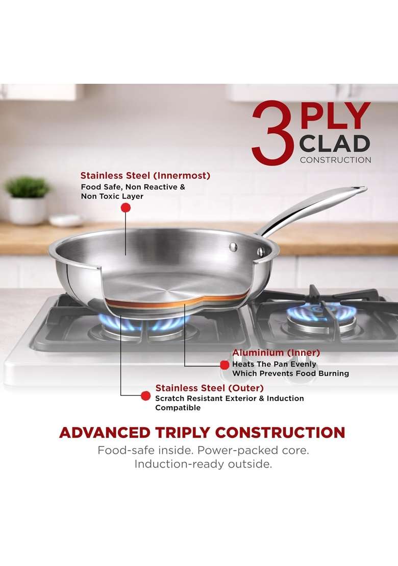 PNB Triply Stainless Steel Frypan with Tempered Glass Lid | 3 L | 3.2 Qt | 26 cm | 10.2 Inch | Induction Compatible | PFOA Free - Indya