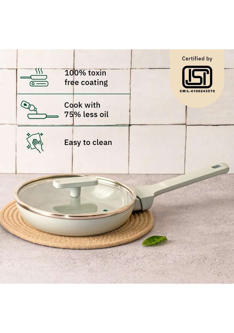 Ember Cookware Arcilla Ceramic Egg and Omelette Pan with Glass Lid | 20 cm | 7.9 Inch | Induction Compatible | Non-Toxic | Non-Stick - Indya