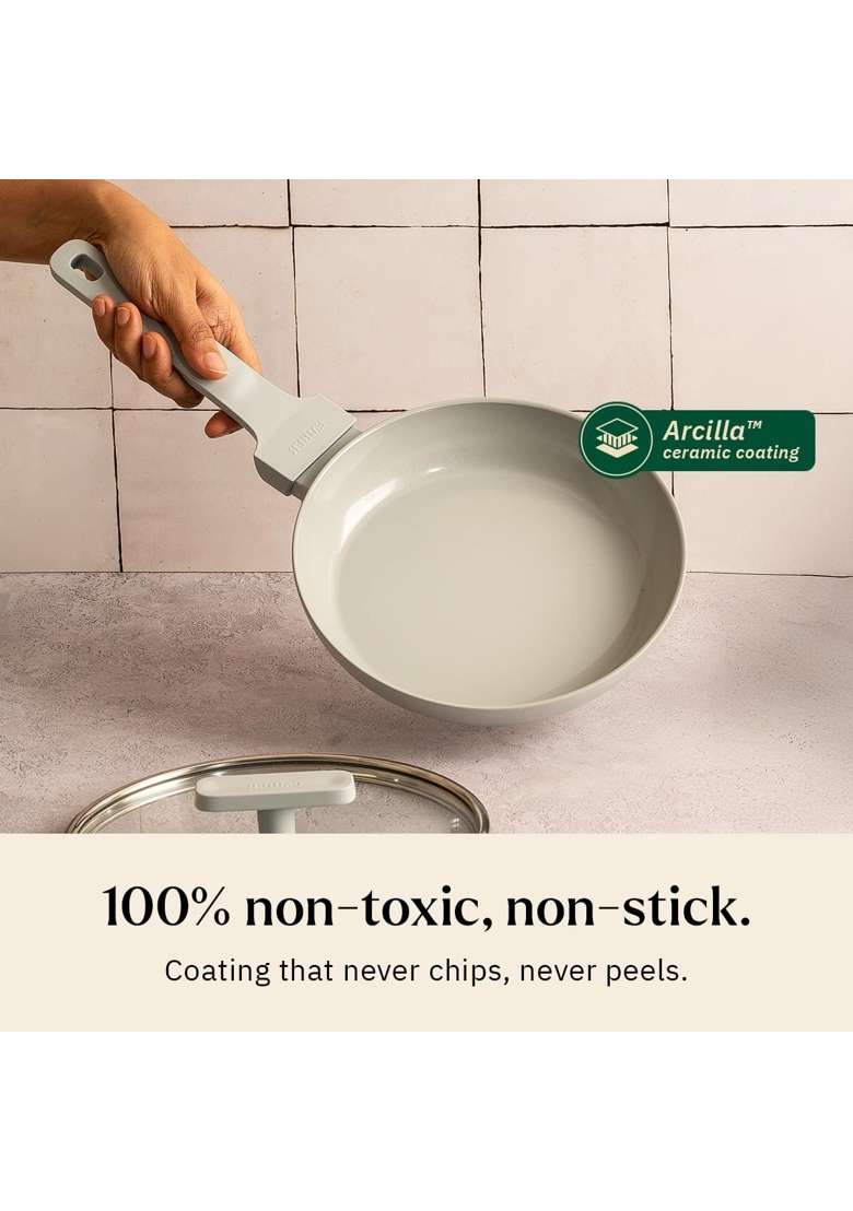 Ember Cookware Arcilla Ceramic Egg and Omelette Pan with Glass Lid | 20 cm | 7.9 Inch | Induction Compatible | Non-Toxic | Non-Stick - Indya