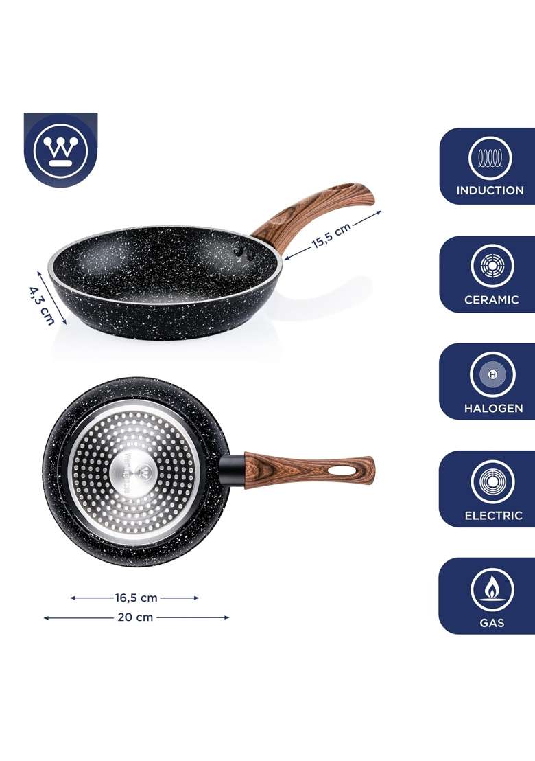 Westinghouse Black Marble Non-Stick Frying Pan | 20 cm | 7.9 Inch | Induction Compatible | Dishwasher Safe - Indya