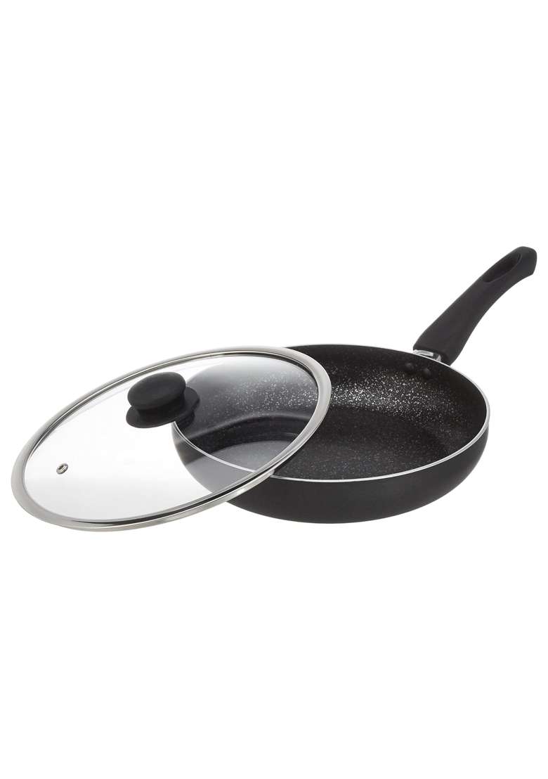 Solimo Amazon Brand Solimo Aluminium Non Stick Frying Pan with Glass Lid | 2.3 L | 2.4 Qt | Induction Compatible | PFOA Free | Non-Toxic - Indya