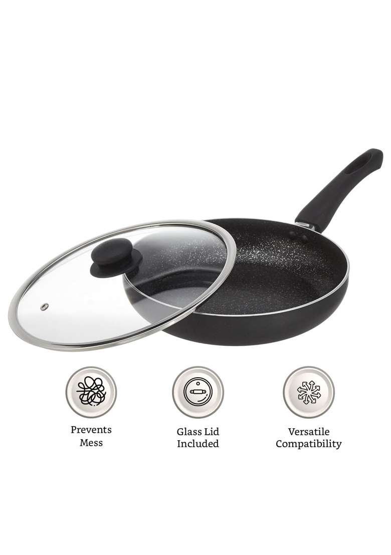 Solimo Amazon Brand Solimo Aluminium Non Stick Frying Pan with Glass Lid | 2.3 L | 2.4 Qt | Induction Compatible | PFOA Free | Non-Toxic - Indya
