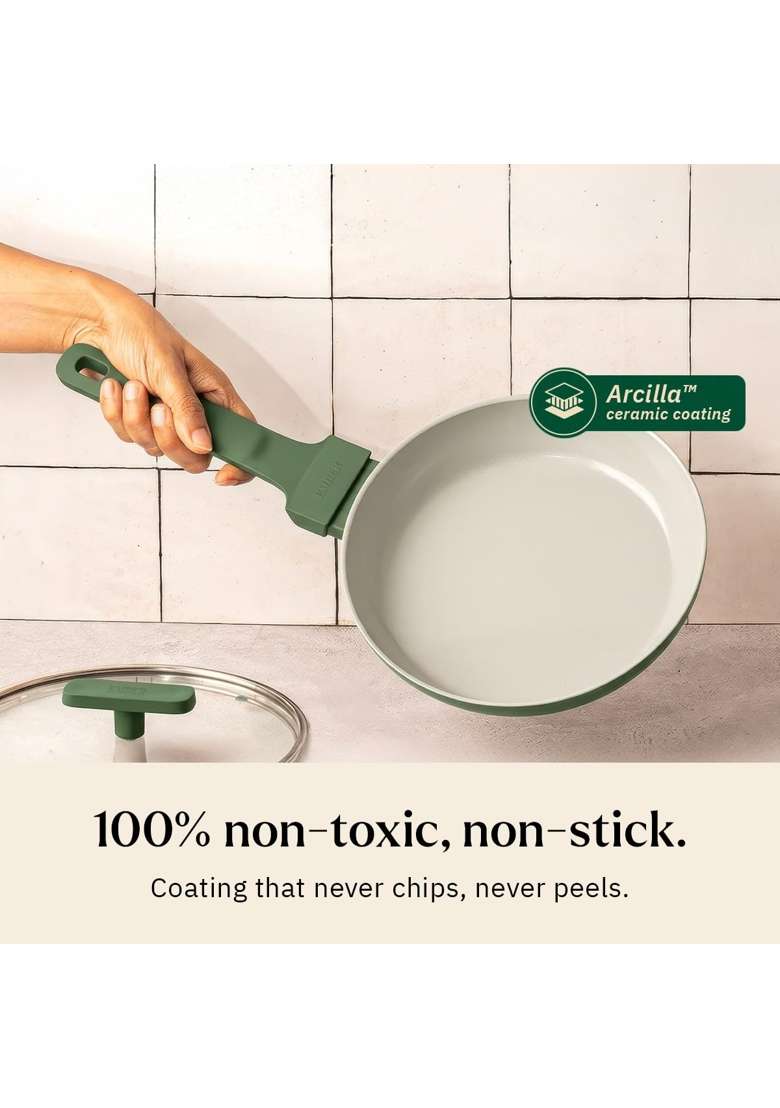 Ember Cookware Arcilla Ceramic Egg and Omelette Pan with Glass Lid | 20 cm | 7.9 Inch | Non-Toxic | Non-Stick - Indya