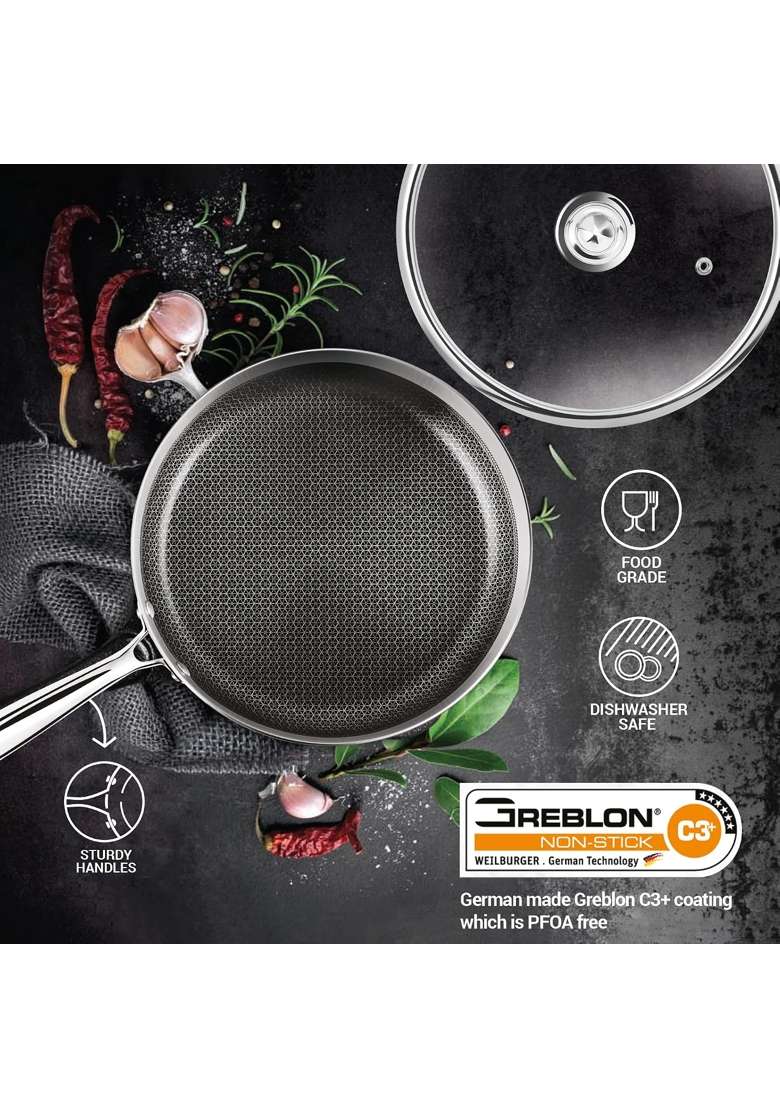 MILTON Pro cook Induction Cookware and Gas Stove Friendly Triply Hexa Tech Stainless Steel Frying | 1.5 L | 1.6 Qt | 24 cm | 9.4 Inch | Non-Stick - Indya