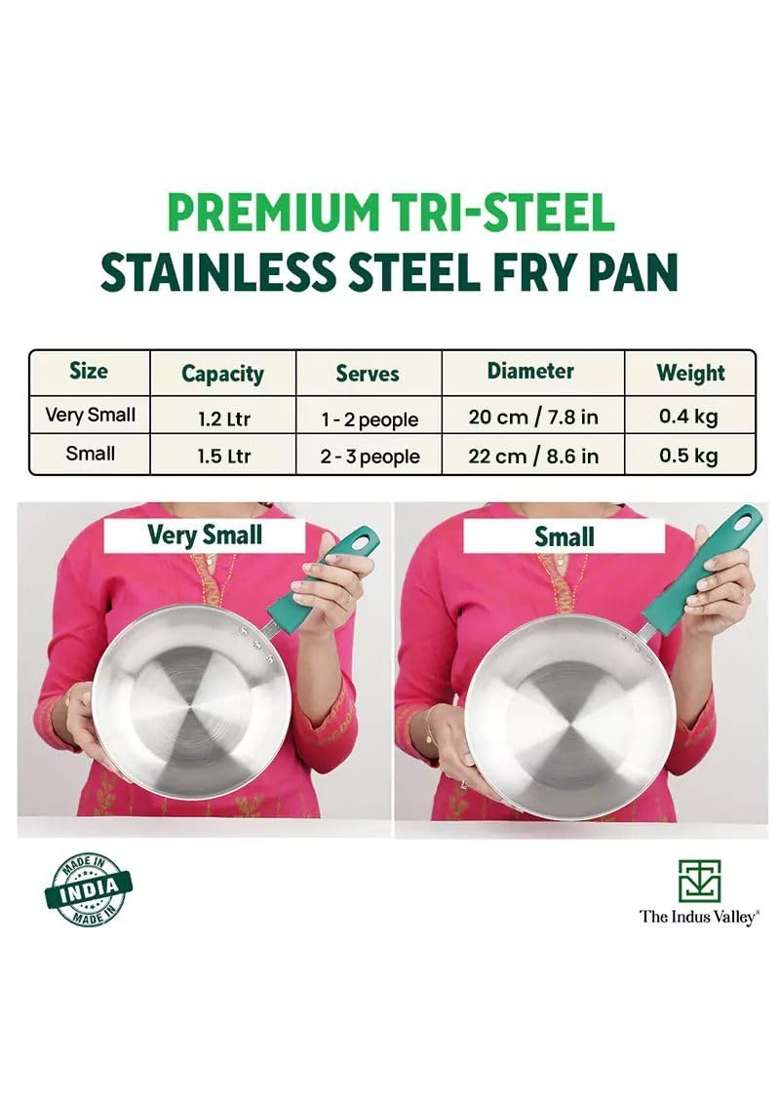 The Indus Valley Stainless Steel Fry Pan | 1.5 L | 1.6 Qt | 22.8 cm | 9 Inch | Induction Compatible | Non-Toxic - Indya