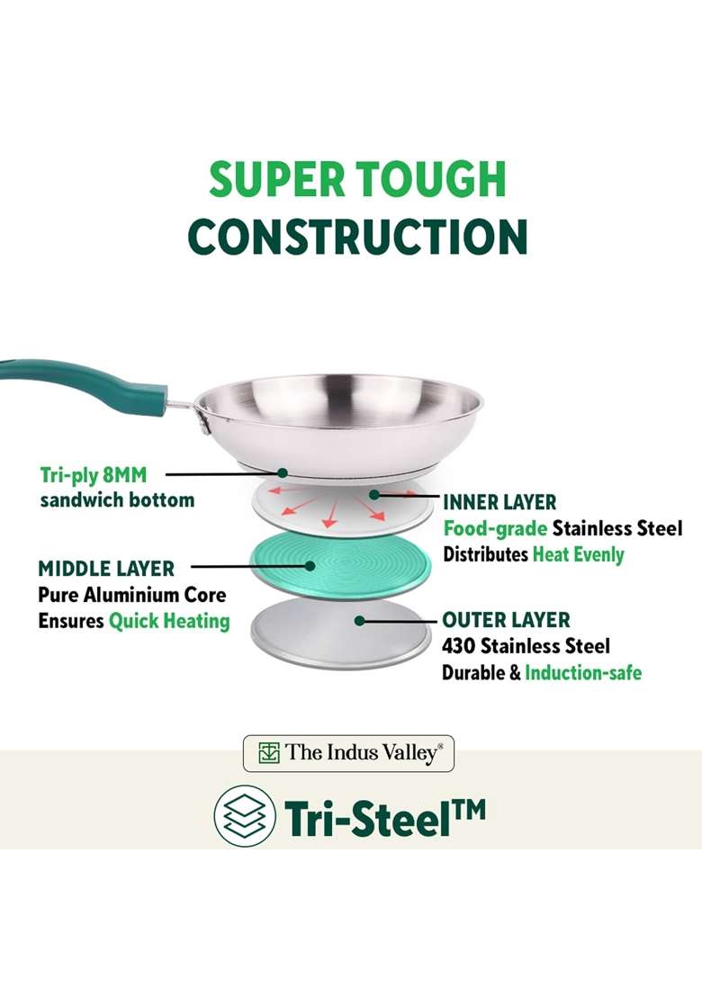 The Indus Valley Stainless Steel Fry Pan | 1.5 L | 1.6 Qt | 22.8 cm | 9 Inch | Induction Compatible | Non-Toxic - Indya