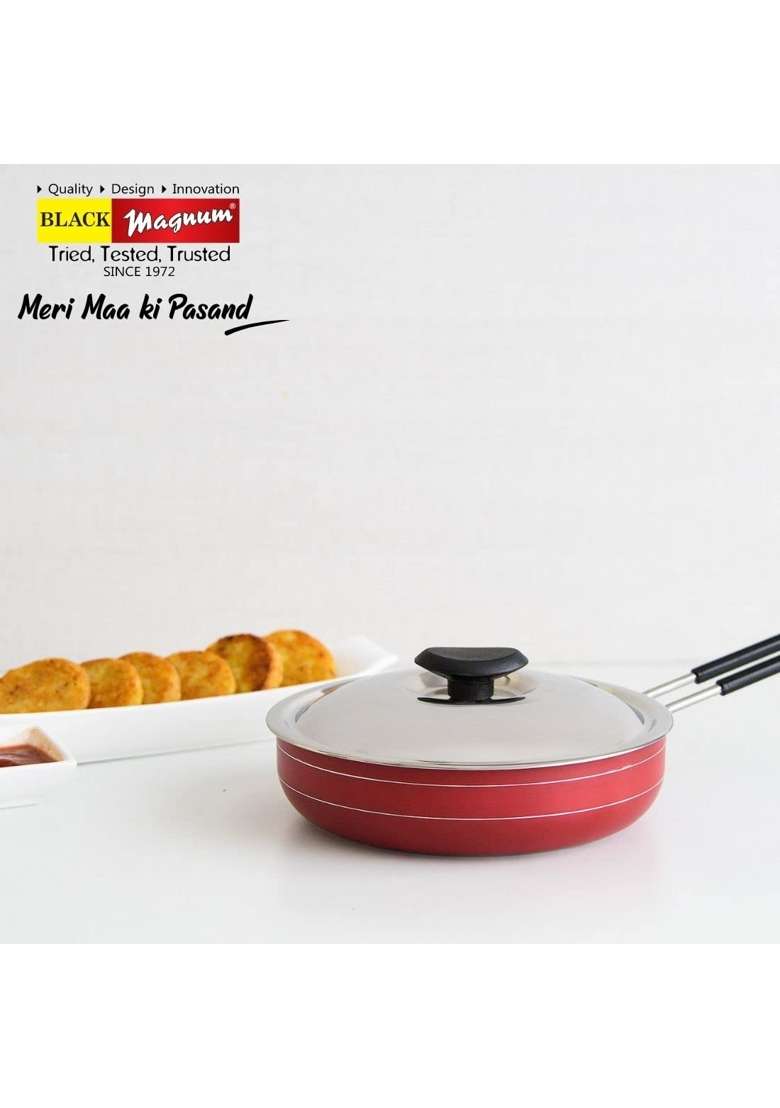 Black Magnum Basics Ibfpnl- Diameter Frying Pan | 2 L | 2.1 Qt | 24 cm | 9.4 Inch | Non-Stick | With Lid - Indya