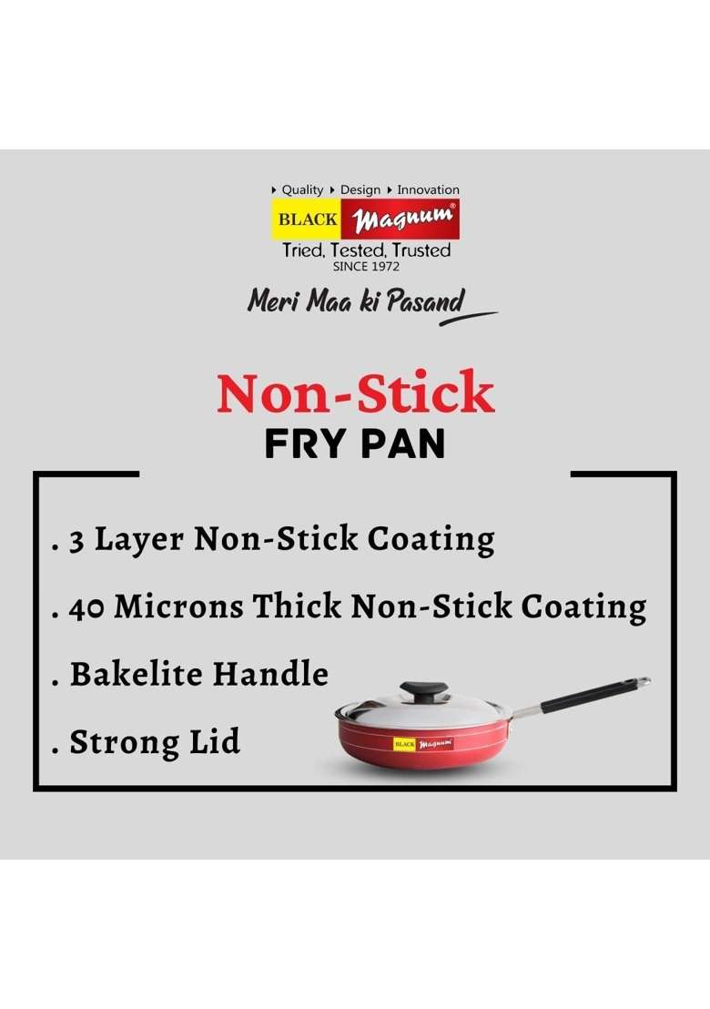 Black Magnum Basics Ibfpnl- Diameter Frying Pan | 2 L | 2.1 Qt | 24 cm | 9.4 Inch | Non-Stick | With Lid - Indya
