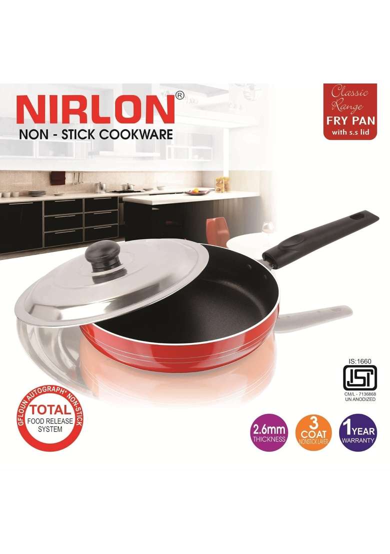 NIRLON Chef Classic Aluminum 3layer Nonstick Coated Eco Frying Pan with Stainless | 2 L | 2.1 Qt | 24 cm | 9.4 Inch | With Lid - Indya