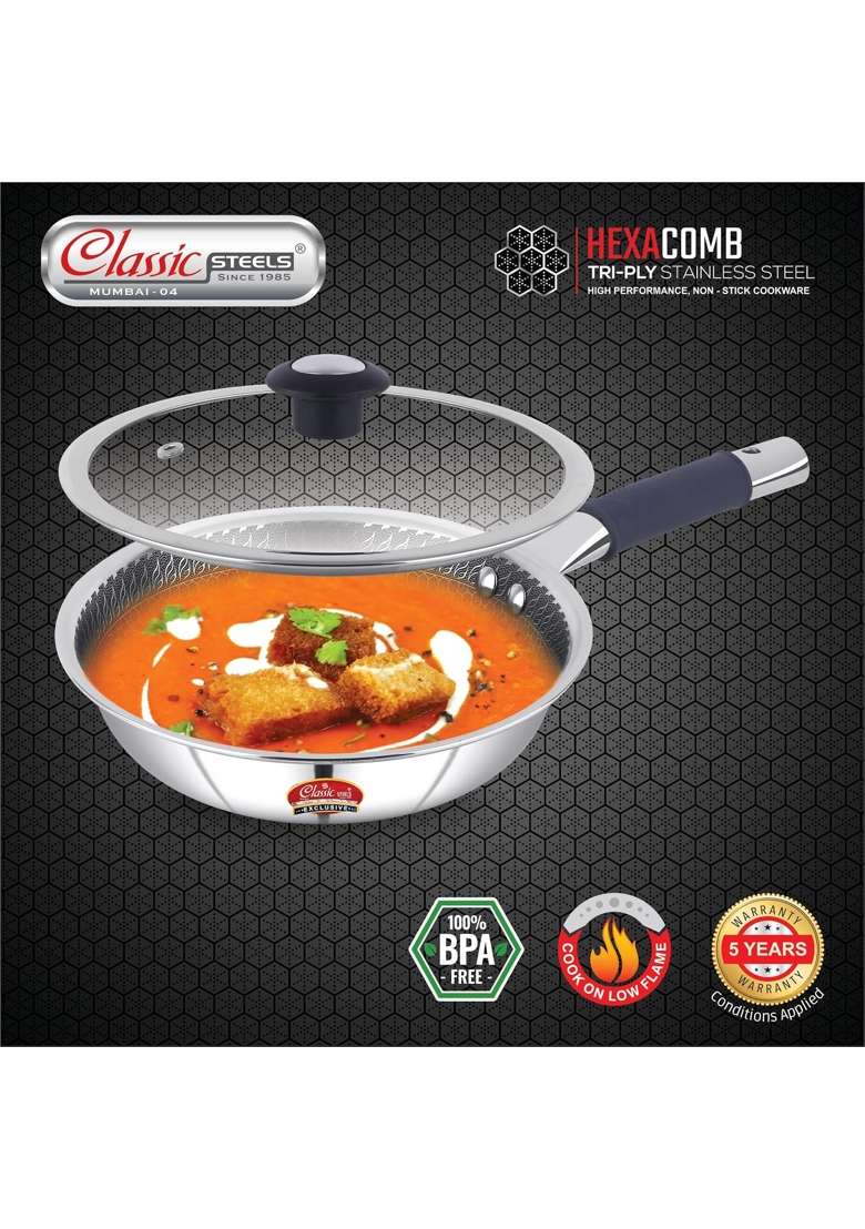 Classic Steels Hexa Comb Triply Frypan with Glass Lid | 1 L | 1.1 Qt | 20 cm | 7.9 Inch | Induction Compatible | Non-Stick - Indya