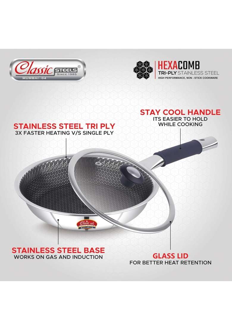 Classic Steels Hexa Comb Triply Frypan with Glass Lid | 1 L | 1.1 Qt | 20 cm | 7.9 Inch | Induction Compatible | Non-Stick - Indya