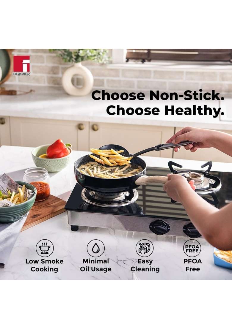 BERGNER Bellini Plus Aura 5-Layer Non-Stick Deep Frypan with Glass Lid | 3 L | 3.2 Qt | 26 cm | 10.2 Inch | Induction Compatible - Indya
