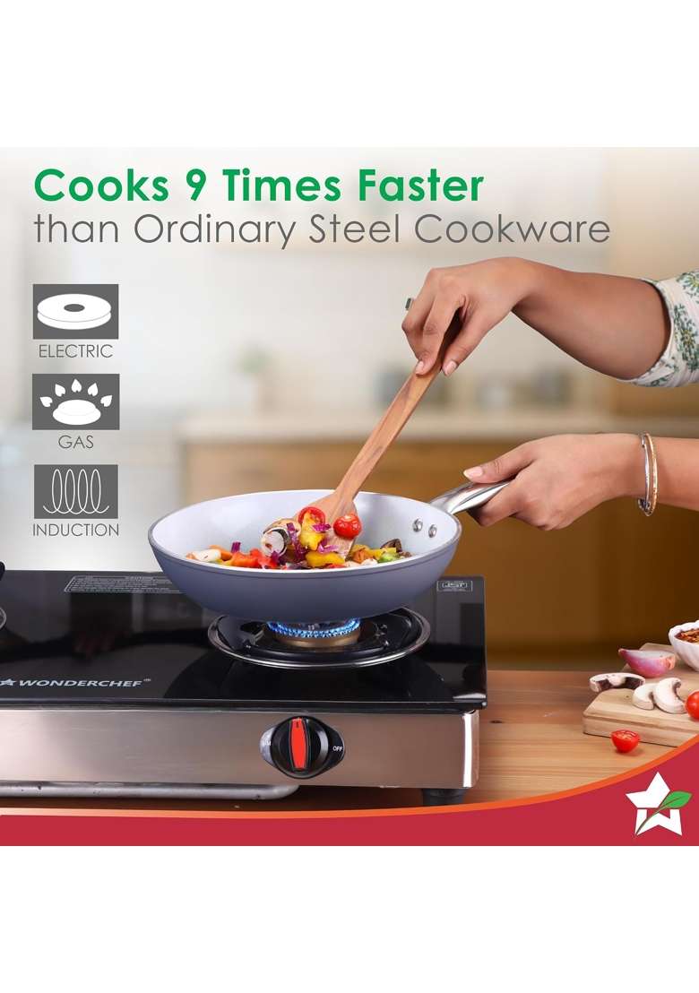 Wonderchef Eco-Glide Fry Pan Chemical-Free Ceramic Coating | 1.8 L | 1.9 Qt | 24 cm | 9.4 Inch | Induction Compatible | Non-Toxic - Indya