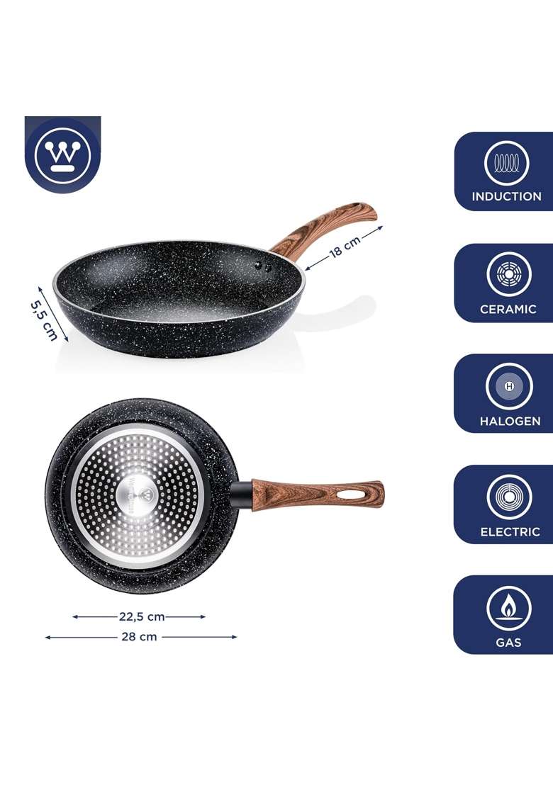 Westinghouse Black Marble Non-Stick Frying Pan | 30 cm | 11.8 Inch | Induction Compatible | Dishwasher Safe - Indya