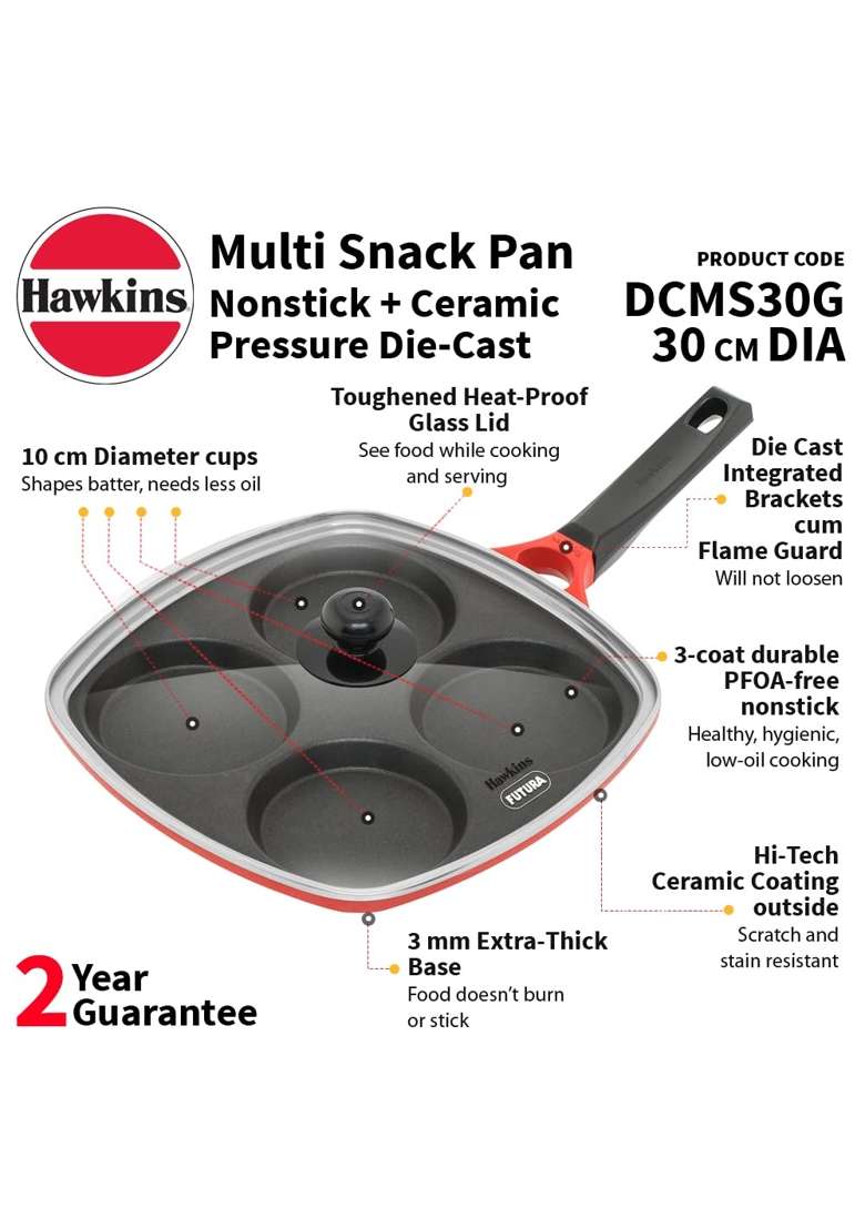 Hawkins Die-Cast Multi Snack Pan with Glass Lid | 30 cm | 11.8 Inch | Non-Stick - Indya