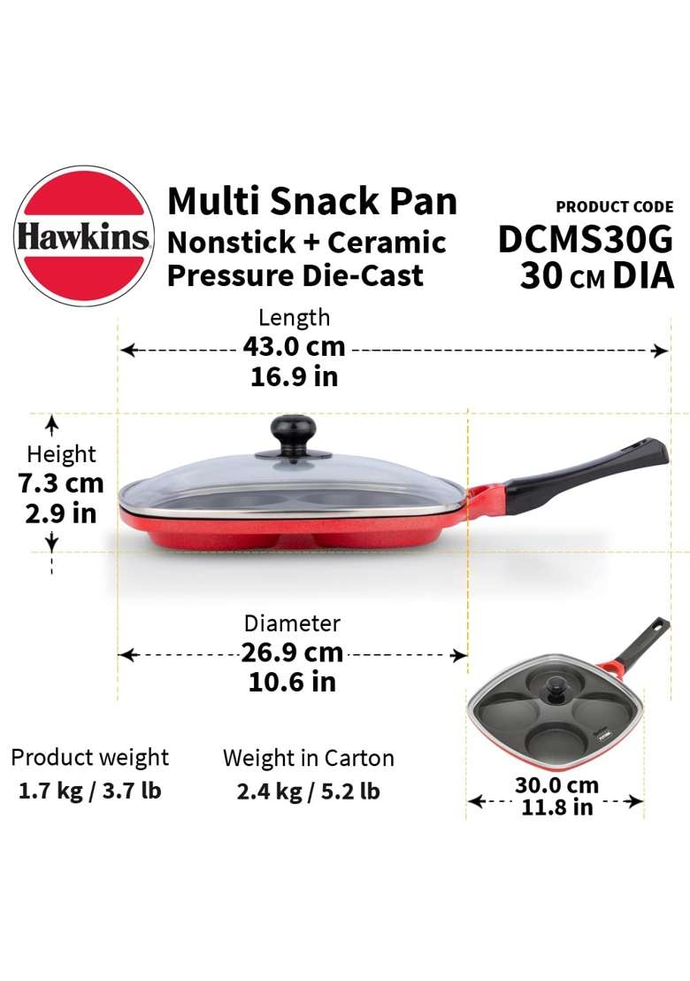 Hawkins Die-Cast Multi Snack Pan with Glass Lid | 30 cm | 11.8 Inch | Non-Stick - Indya