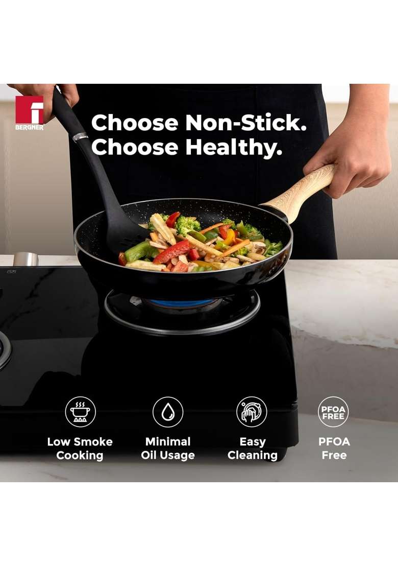 BERGNER Bellini Plus Aura Black Non-Stick Omelette Pan Frypan | 1.4 L | 1.5 Qt | 20 cm | 7.9 Inch | Induction Compatible | PFOA Free - Indya