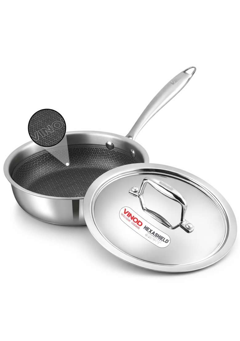 Vinod SAS Pro Platinum Triply Hybrid Non Stick Saute Pan with Lid | 20 cm | 7.9 Inch | Induction Compatible - Indya