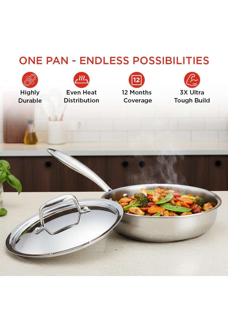 Vinod SAS Pro Platinum Triply Hybrid Non Stick Saute Pan with Lid | 20 cm | 7.9 Inch | Induction Compatible - Indya