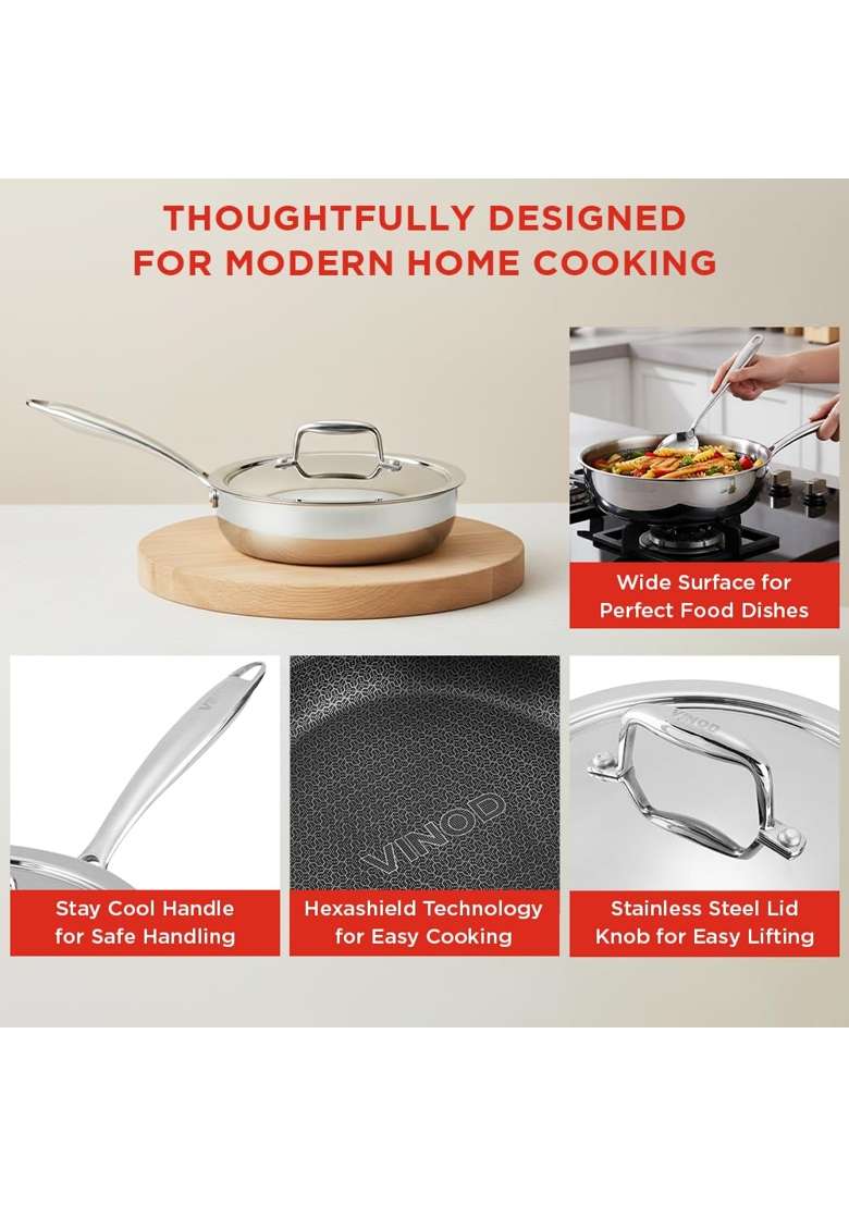 Vinod SAS Pro Platinum Triply Hybrid Non Stick Saute Pan with Lid | 20 cm | 7.9 Inch | Induction Compatible - Indya