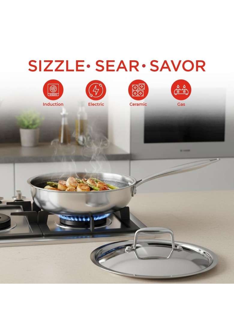 Vinod SAS Pro Platinum Triply Hybrid Non Stick Saute Pan with Lid | 20 cm | 7.9 Inch | Induction Compatible - Indya