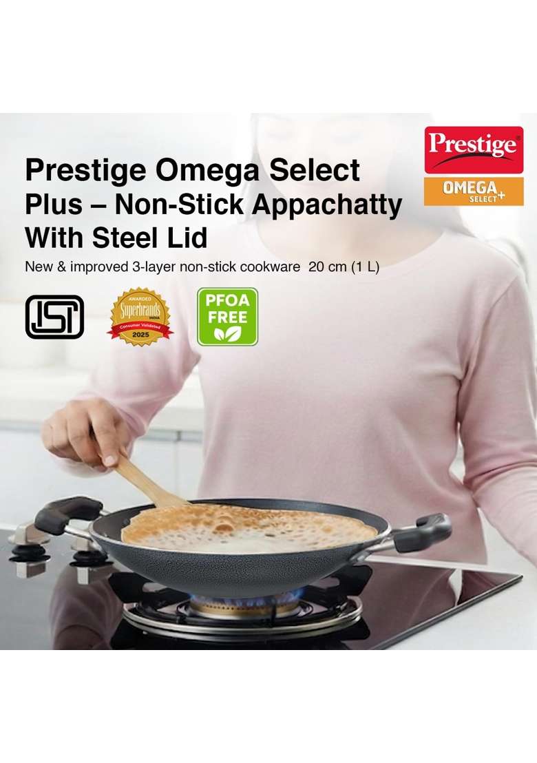 Prestige Omega Select Plus Non-Stick Deep Appachetty with Lid | 20 cm | 7.9 Inch - Indya