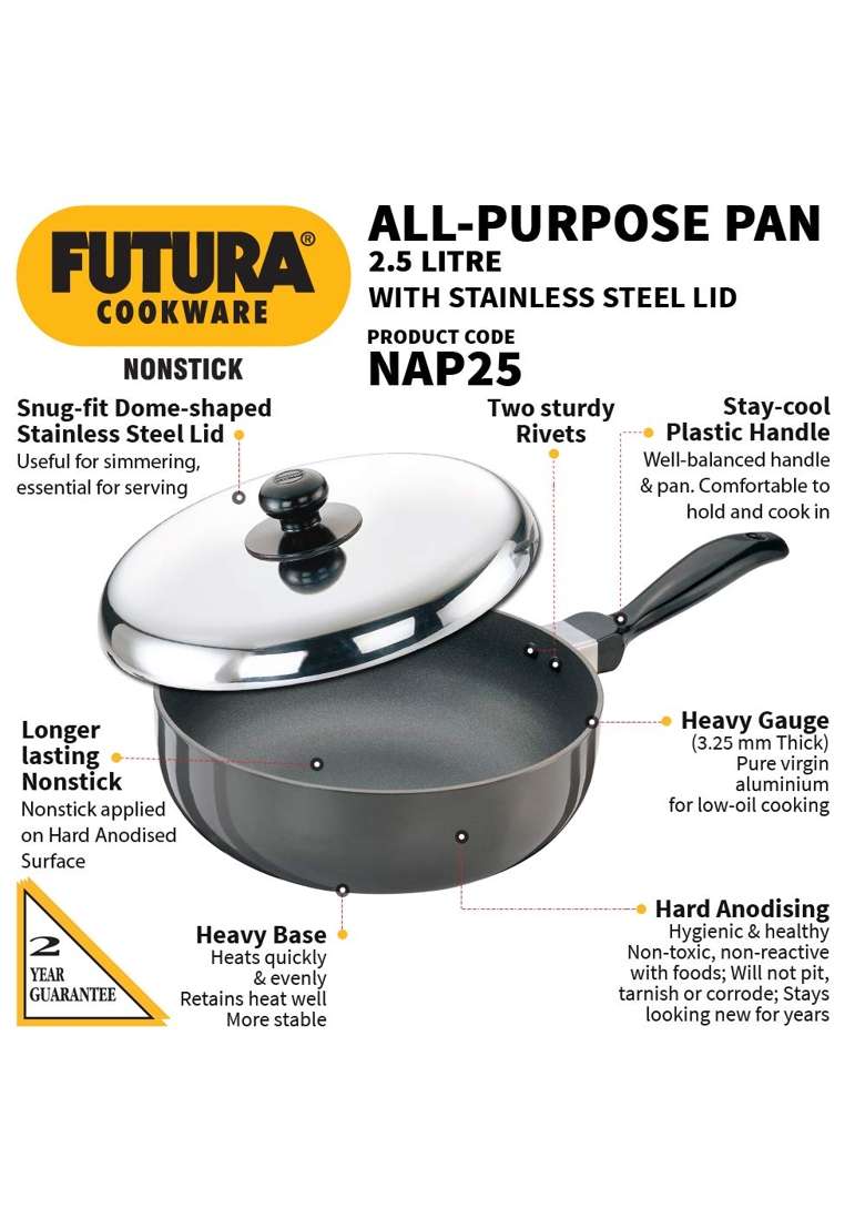 Hawkins Futura Nonstick All-Purpose Pan with Stainless Steel Lid | 2.5 L | 2.6 Qt | 22 cm | 8.7 Inch - Indya