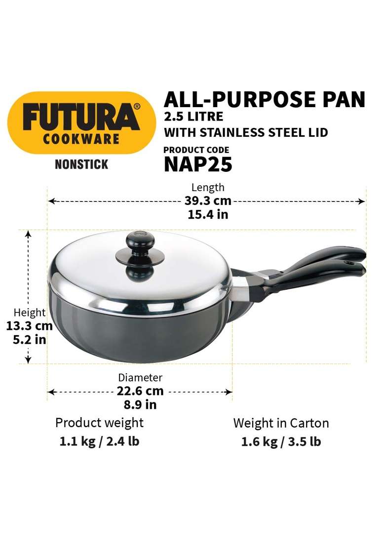 Hawkins Futura Nonstick All-Purpose Pan with Stainless Steel Lid | 2.5 L | 2.6 Qt | 22 cm | 8.7 Inch - Indya