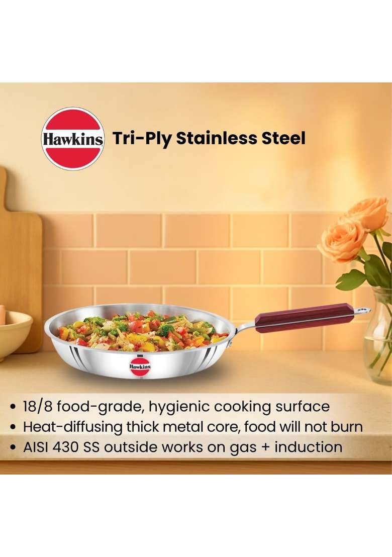 Hawkins Frying Pan Triply Stainless Steel Fry Pan | 24 cm | 9.4 Inch | Induction Compatible - Indya