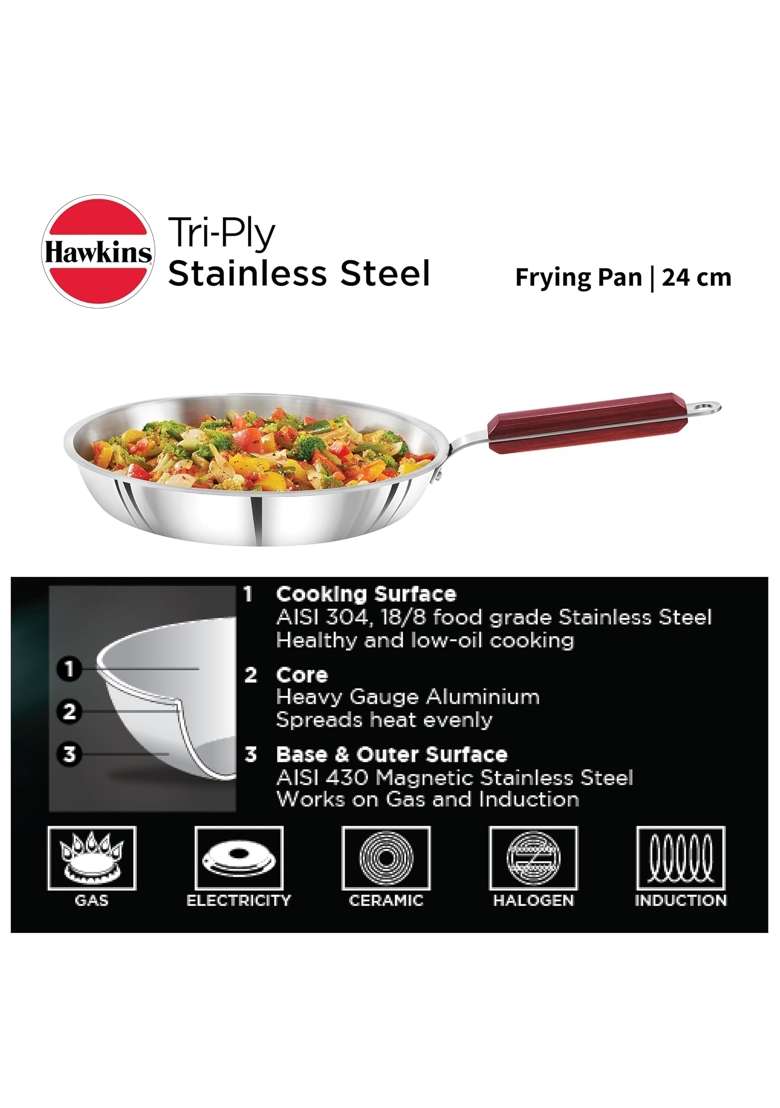 Hawkins Frying Pan Triply Stainless Steel Fry Pan | 24 cm | 9.4 Inch | Induction Compatible - Indya