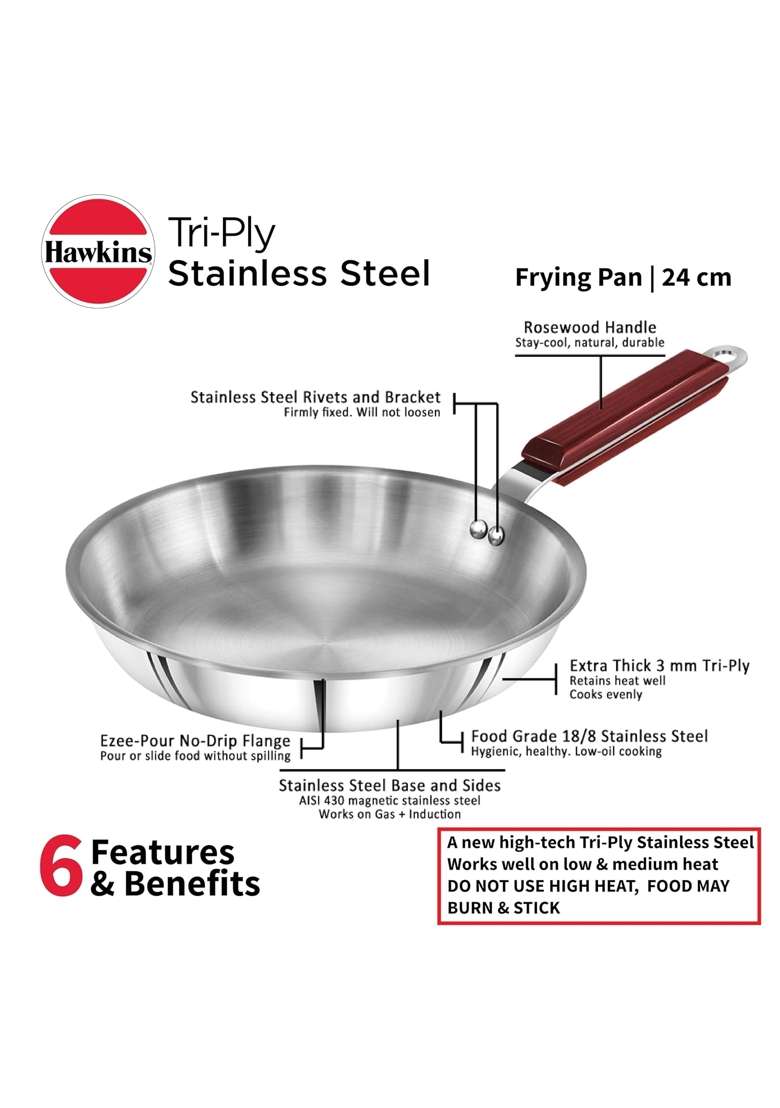 Hawkins Frying Pan Triply Stainless Steel Fry Pan | 24 cm | 9.4 Inch | Induction Compatible - Indya