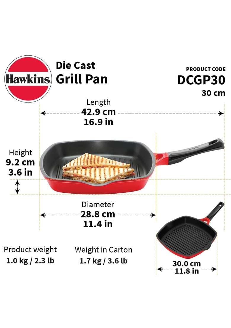 Hawkins Grill Pan Red | 30 cm | 11.8 Inch - Indya