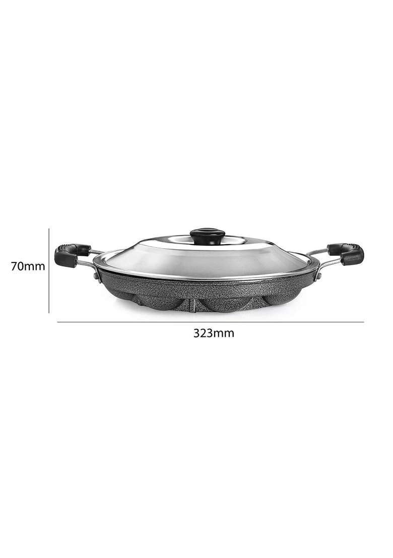 Tosaa Non-Stick 12 Cavity Appam Patra Side Handle with Lid - Indya