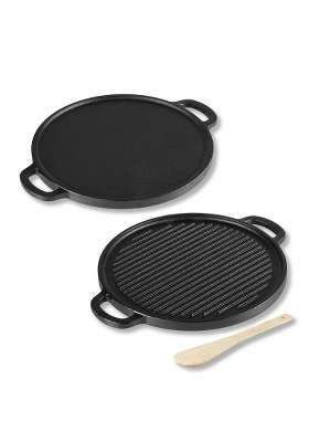 Lifelong Cast Iron -1 Dosa Tawa Dosa Pan and Grill with Wooden Spatula | 30 cm | 11.8 Inch | Induction Compatible | Non-Stick