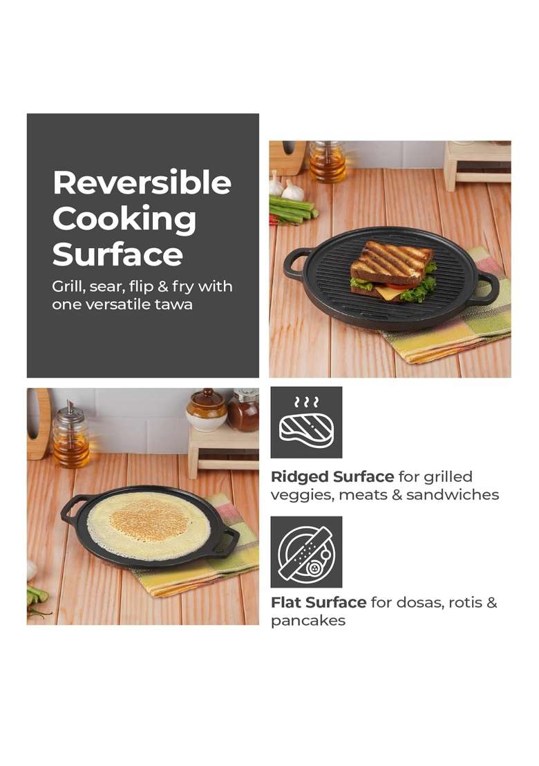 Lifelong Cast Iron -1 Dosa Tawa Dosa Pan and Grill with Wooden Spatula | 30 cm | 11.8 Inch | Induction Compatible | Non-Stick - Indya