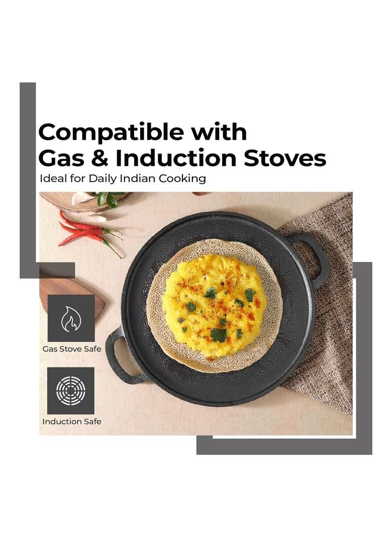 Lifelong Cast Iron -1 Dosa Tawa Dosa Pan and Grill with Wooden Spatula | 30 cm | 11.8 Inch | Induction Compatible | Non-Stick - Indya