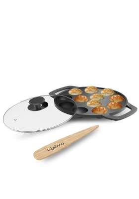 Lifelong Cast Iron Paniyaram Pan Ebelskiver-Style Pan with Glass Lid | Induction Compatible | Non-Toxic | Pre-Seasoned | Non-Stick