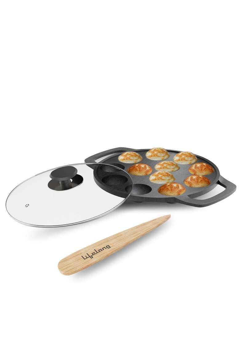 Lifelong Cast Iron Paniyaram Pan Ebelskiver-Style Pan with Glass Lid | Induction Compatible | Non-Toxic | Pre-Seasoned | Non-Stick - Indya