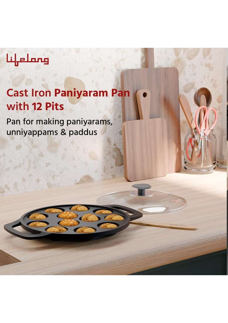 Lifelong Cast Iron Paniyaram Pan Ebelskiver-Style Pan with Glass Lid | Induction Compatible | Non-Toxic | Pre-Seasoned | Non-Stick - Indya