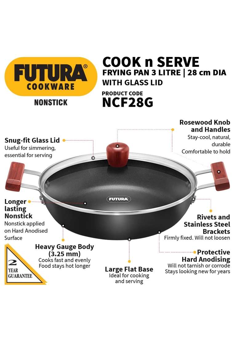 Hawkins Futura Cook N Serve Frying Pan | 3 L | 3.2 Qt | Non-Stick | With Lid - Indya
