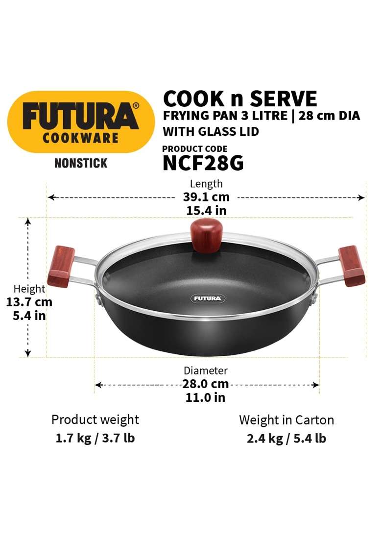 Hawkins Futura Cook N Serve Frying Pan | 3 L | 3.2 Qt | Non-Stick | With Lid - Indya