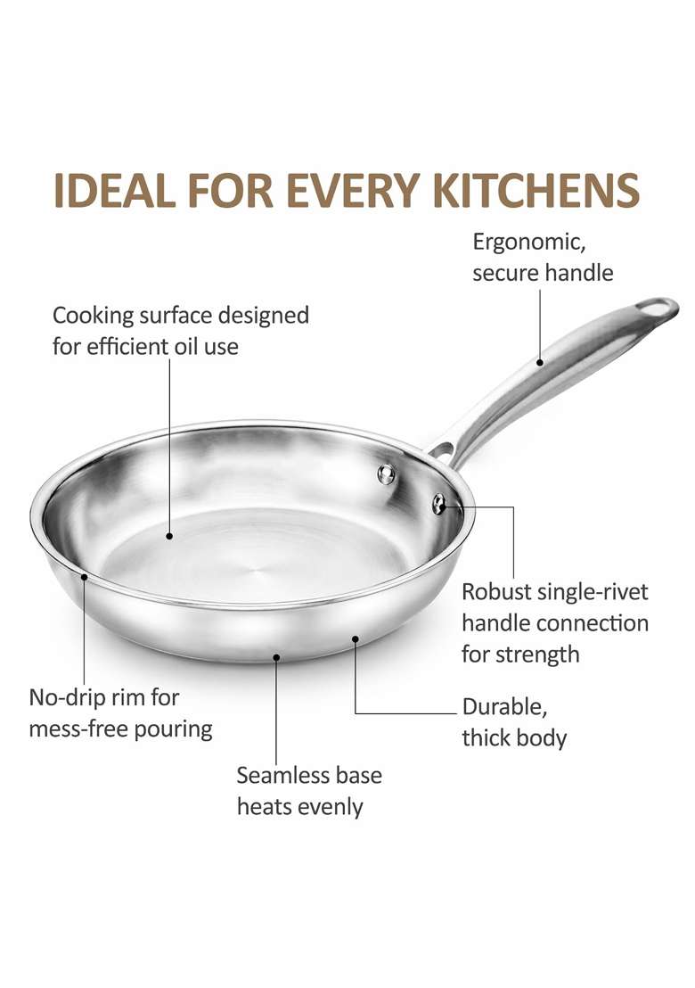 SOLARA Triply Stainless Steel Fry Pan | 20 cm | 7.9 Inch | Induction Compatible | Heavy Bottom | PFOA Free - Indya