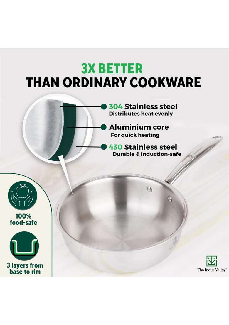 The Indus Valley Triply Stainless Steel Fry Pan | 0.1 L | 0.1 Qt | 20 cm | 7.9 Inch | Induction Compatible | Non-Toxic | Non-Stick - Indya