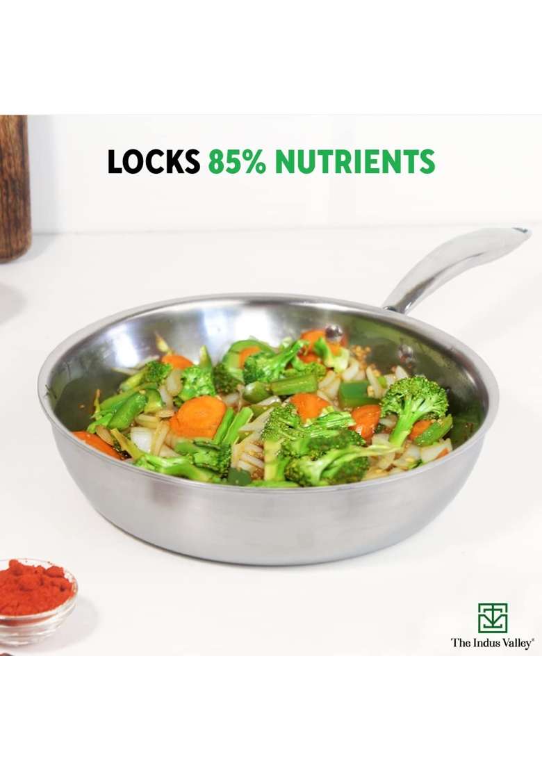 The Indus Valley Triply Stainless Steel Fry Pan | 0.1 L | 0.1 Qt | 20 cm | 7.9 Inch | Induction Compatible | Non-Toxic | Non-Stick - Indya