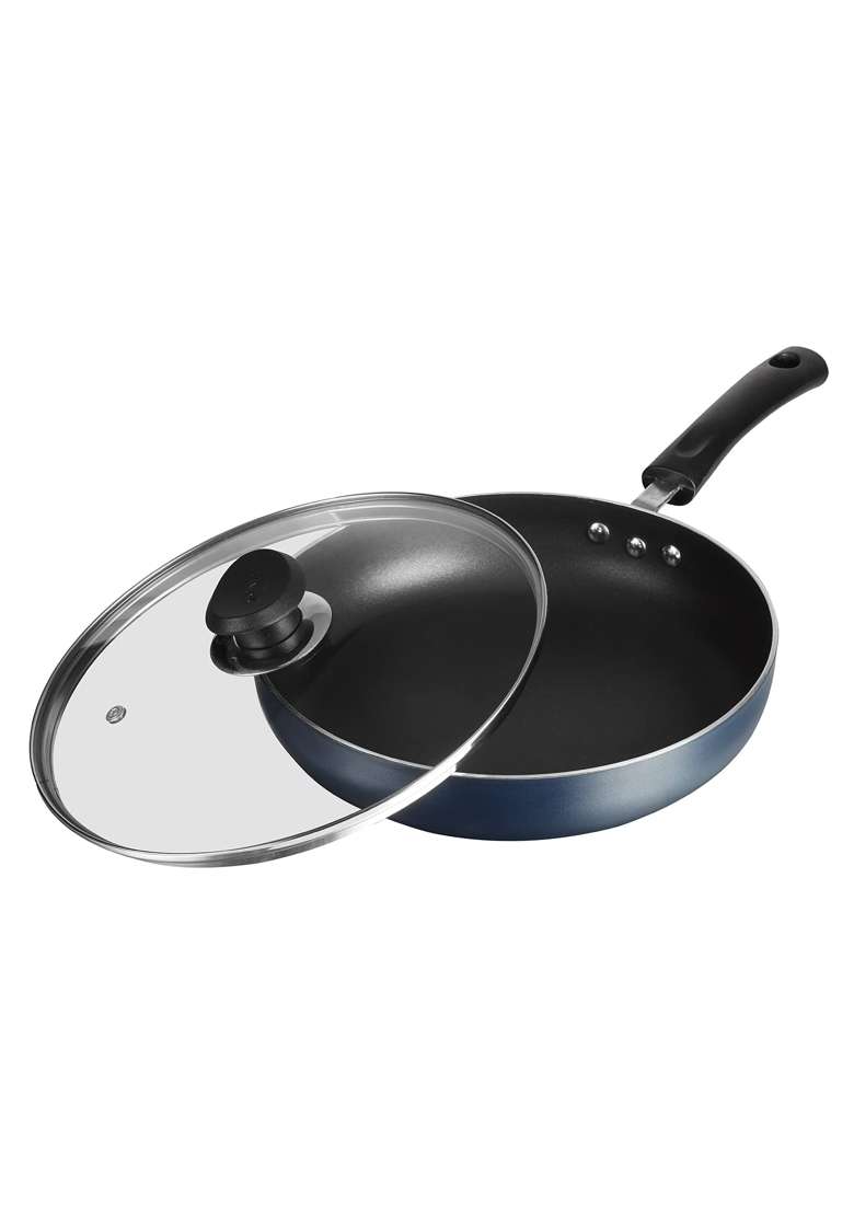 Vinod Zest Aluminium Non Stick Deep Frypan with Glass Lid | 28 cm | 11 Inch - Indya