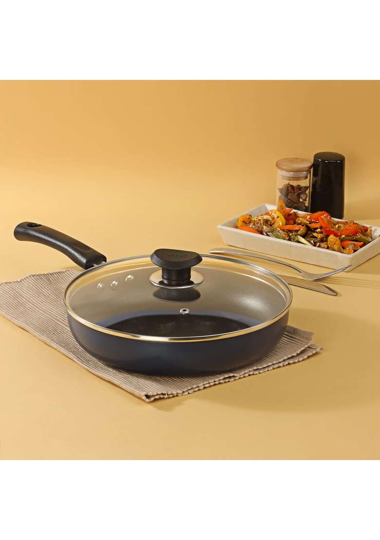 Vinod Zest Aluminium Non Stick Deep Frypan with Glass Lid | 28 cm | 11 Inch - Indya