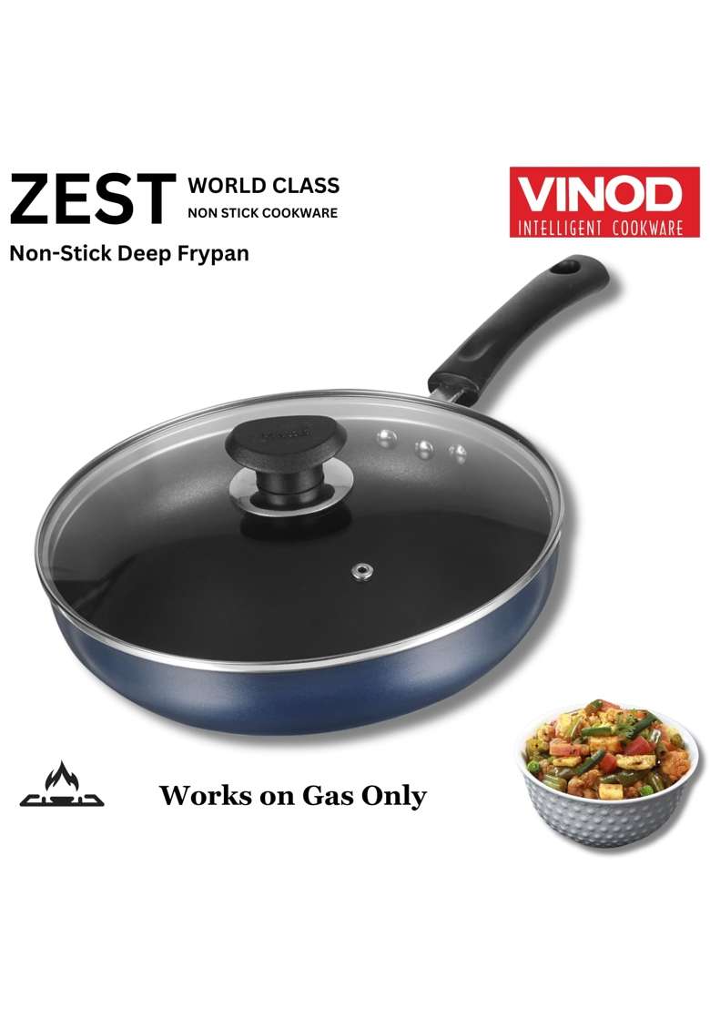 Vinod Zest Aluminium Non Stick Deep Frypan with Glass Lid | 28 cm | 11 Inch - Indya
