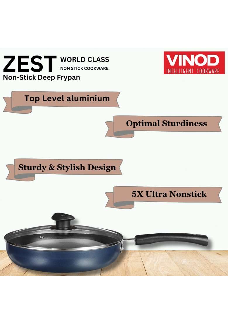 Vinod Zest Aluminium Non Stick Deep Frypan with Glass Lid | 28 cm | 11 Inch - Indya